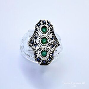 Handmade Emerald Sapphire Ring 925 Silver Art Deco Jewelry Making